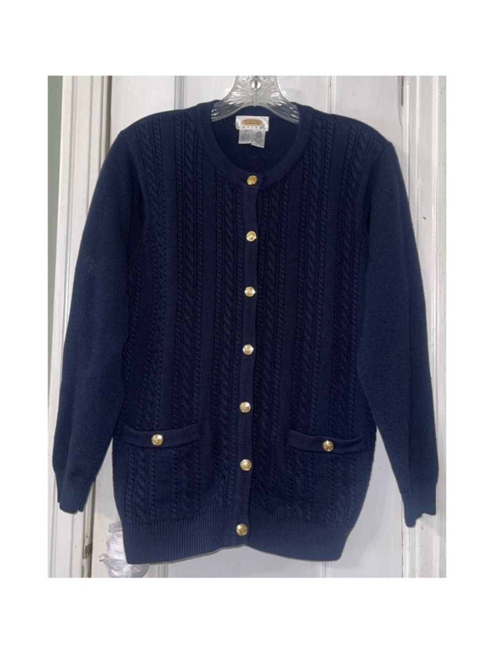 Talbots Navy Cable Knit Cardigan with Gold Buttons
